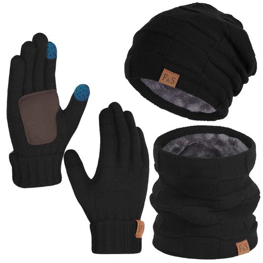 3 PCS Winter Beanie Hat Scarf Set Adult Winter Hat Set, Knit Wool Neck Warmer Skull Cap with Touch Screen Cold Weather Gloves for Men Women