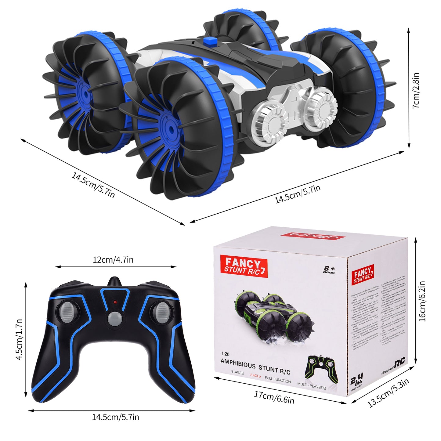 Mini RC Stunt Car Remote Control Car 4WD Amphibious 2.4GHz Double Sided 360° Rotating for Kids, Blue