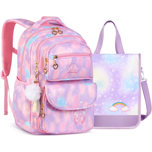 Vbiger Backpacks for Girls Large Capacity School Backpack Nylon Bookbag with Handbag - Purple&Pink