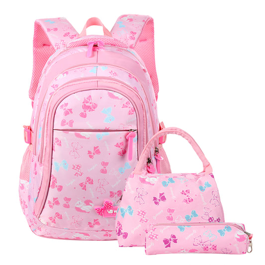 3 Pieces School Backpack 3-in-1 Student Shoulder Bags Set Adorable Student Book Bag Trendy Backpack, Lunch Tote Bag and Pencil Case for Students between 7-16 Years Old, Pink