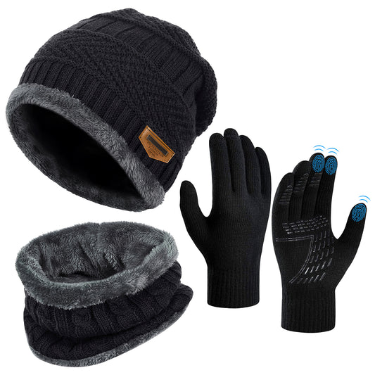 Vbiger 3 PCS Winter Beanie Hat Scarf Set with Gloves Touch Screen Cold Weather Knit Wool Neck Warmer Skull Cap Black