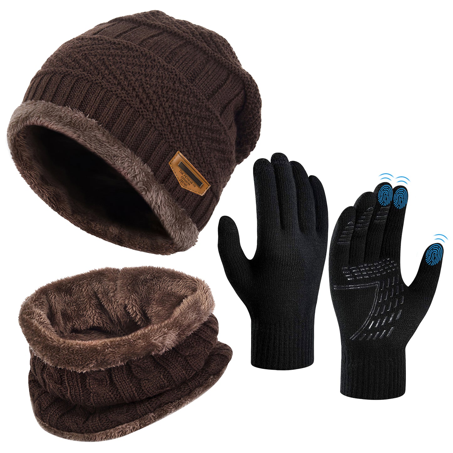 Vbiger Men's Acrylic Knit Hat, Scarf & Glove Set, 3pcs Winter Beanie Hat Scarf Set with Gloves Touch Screen Cold Weather Warm Set, Brown