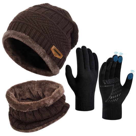 Vbiger Men's Acrylic Knit Hat, Scarf & Glove Set, 3pcs Winter Beanie Hat Scarf Set with Gloves Touch Screen Cold Weather Warm Set, Brown