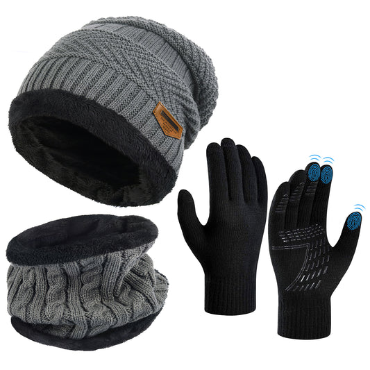 Vbiger Men's Acrylic Knit Hat, Scarf & Glove Set, 3pcs Winter Beanie Hat Scarf Set with Gloves Touch Screen Cold Weather Warm Set, Gray