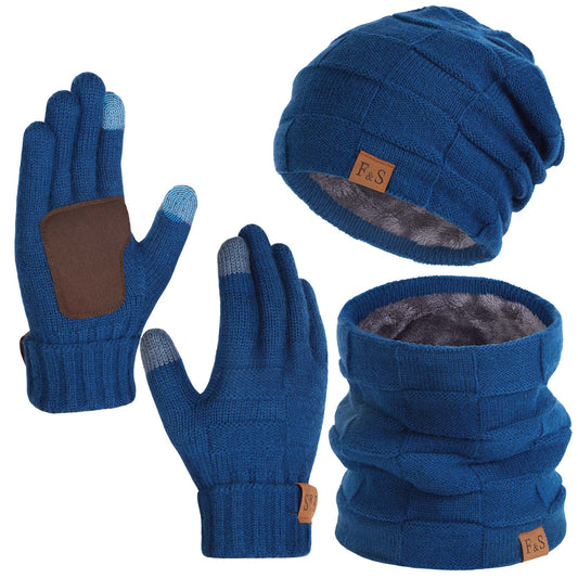 Vbiger 3 PCS Winter Beanie Hat Scarf Set - Adult Warmer Set Knit Wool Neck Warmer Skull Cap with Touch Screen Cold Weather Gloves, Blue