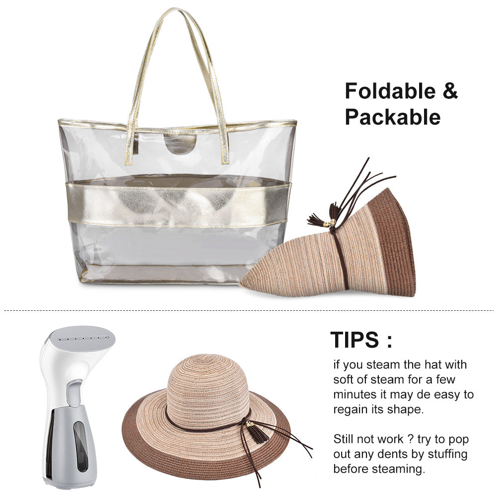 Vbiger Womens Beach Sun Hats Straw Hat Wide Brim UPF 50 Summer Travel Hat Foldable Packable Roll-up Floppy Beach Hats for Women - Brown