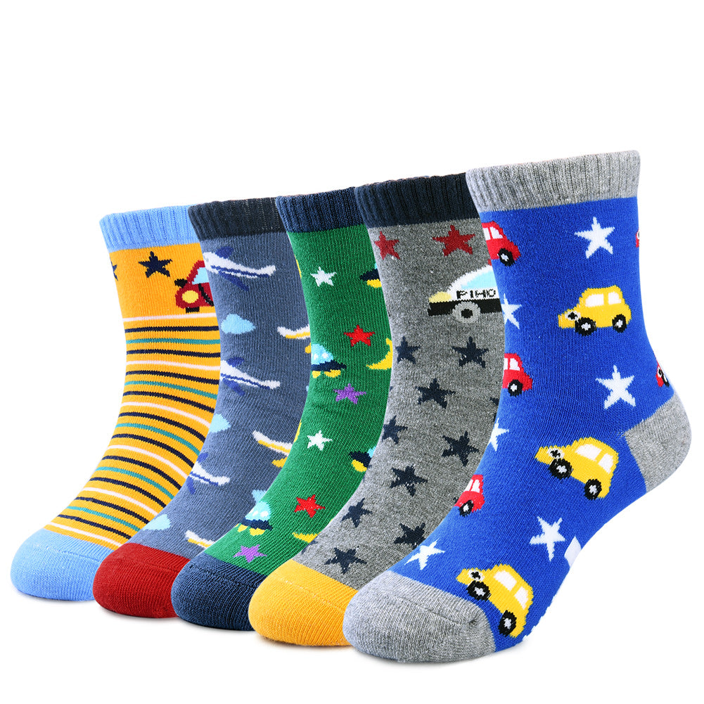 Kids Boys Cartoon Car Pattern Sport Socks 5 Pairs for 6-8 Years Old