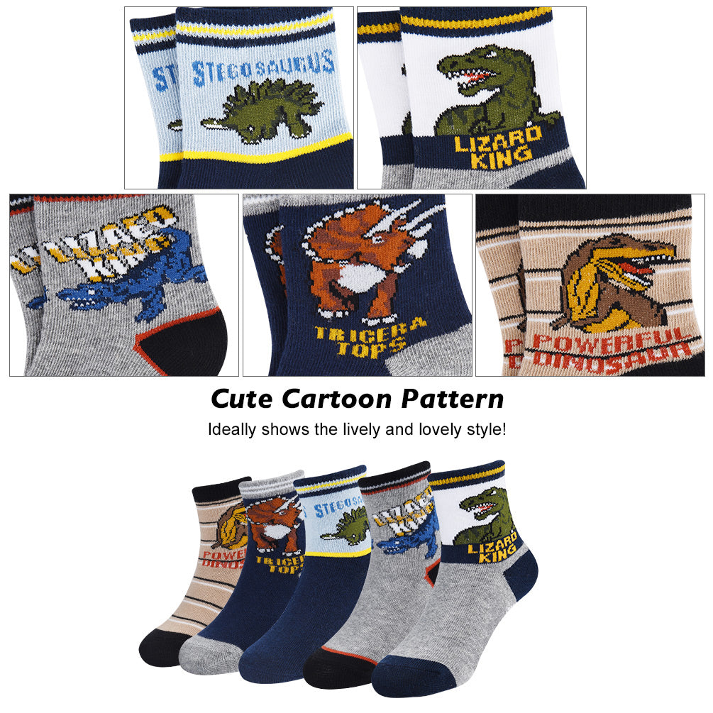 Toddler Boys Socks Cartoon Dinosaurs Pattern Sport Socks Crew Socks for 3-5 Years Old, 5 Pairs