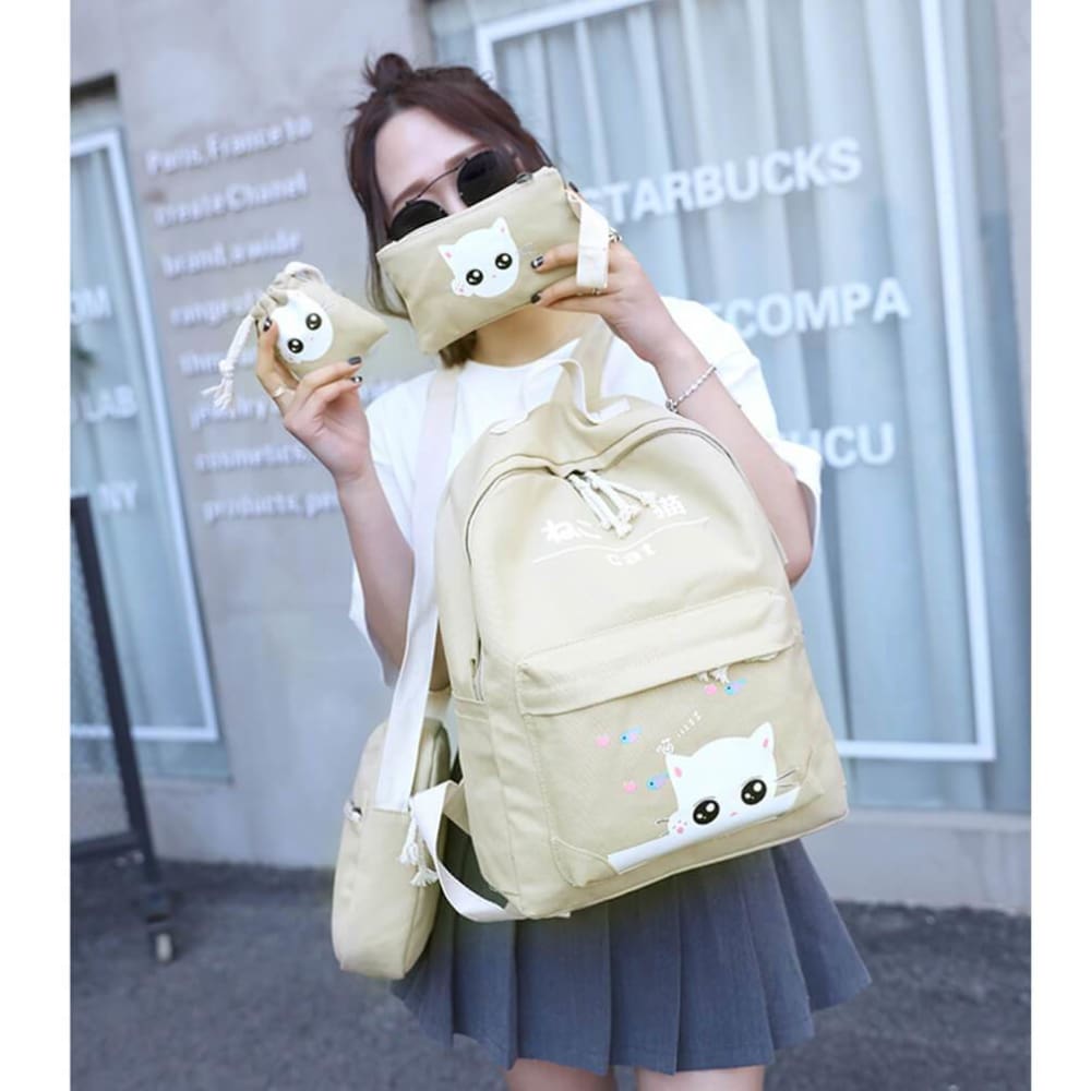 Vbiger 4-in-1 Shoulder Bags Casual Student Daypack for Teenage Girls Cute Cat Pattern - Bag