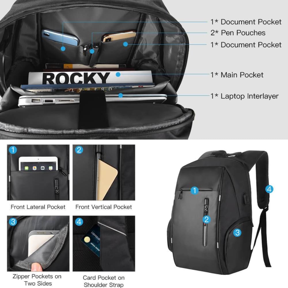 Vbiger Business Backpack Casual Daypack with USB Charging Port & Reflective Strips - Backpacks