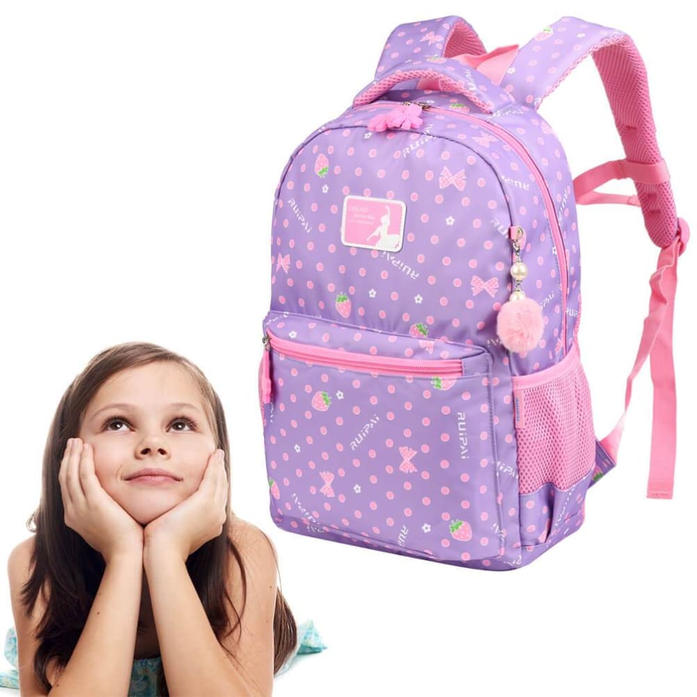 Vbiger Trendy Printing School Bag Casual Outdoor Daypack for Primary School Students Exquisite Printing and Pompon Decor - Backpacks