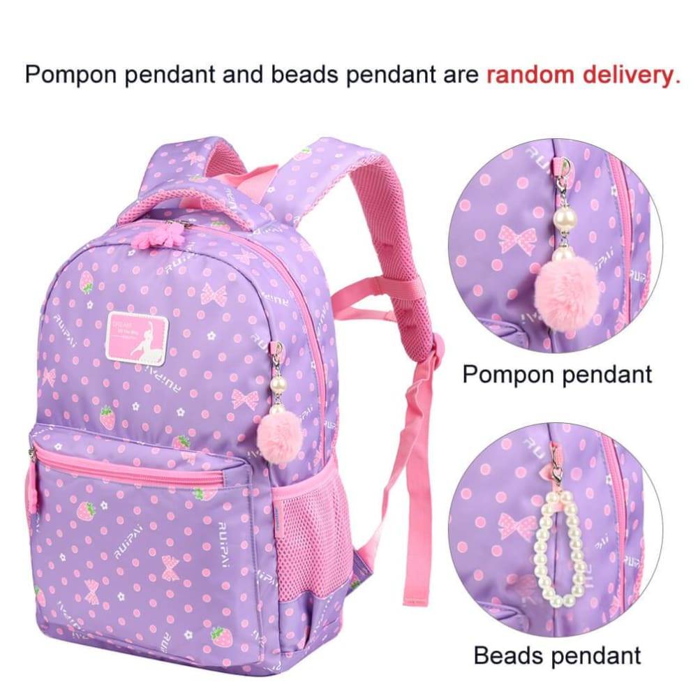 Vbiger Trendy Printing School Bag Casual Outdoor Daypack for Primary School Students Exquisite Printing and Pompon Decor - Backpacks