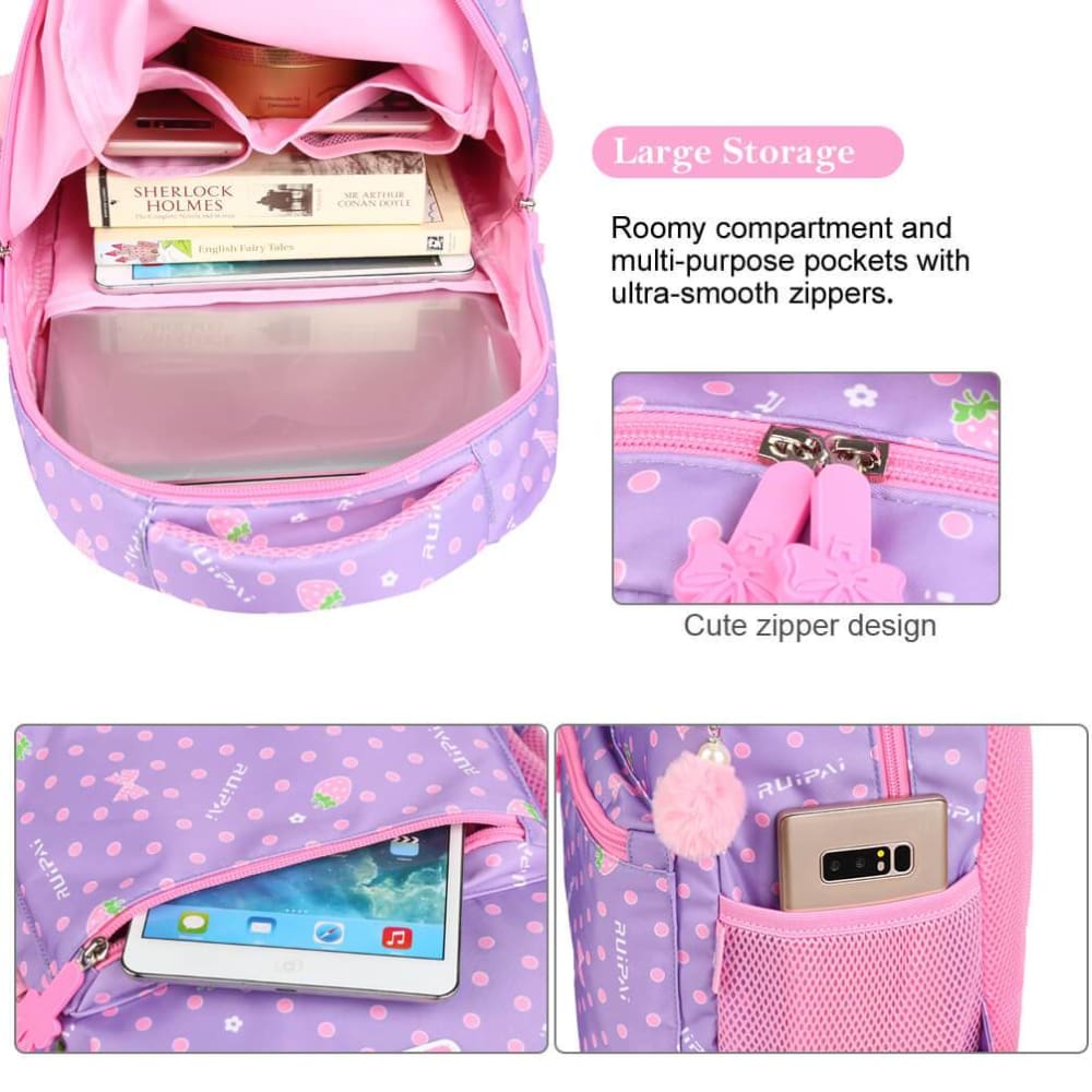 Vbiger Trendy Printing School Bag Casual Outdoor Daypack for Primary School Students Exquisite Printing and Pompon Decor - Backpacks