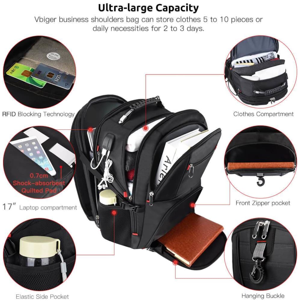 Vbiger Unisex Business Daypack with USB Charging Port and Earphone Hole Fits 17.3 Laptop - Backpacks