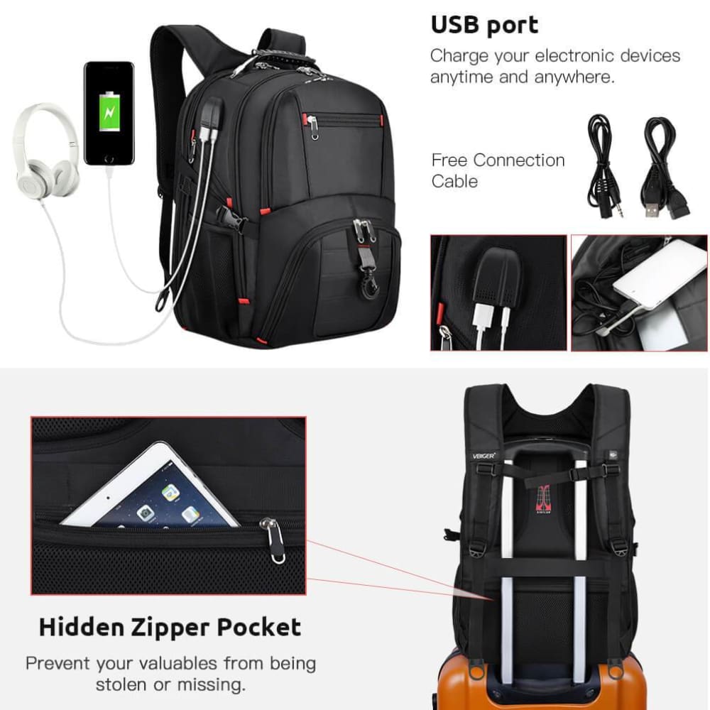 Vbiger Unisex Business Daypack with USB Charging Port and Earphone Hole Fits 17.3 Laptop - Backpacks