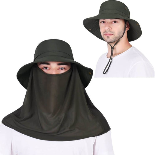Vbiger Unisex Sun Hat Breathable Bucket Hat Quick-dry Outdoor Hats Foldable Fishing Cap with Detachable Flaps - Army Green - Hats