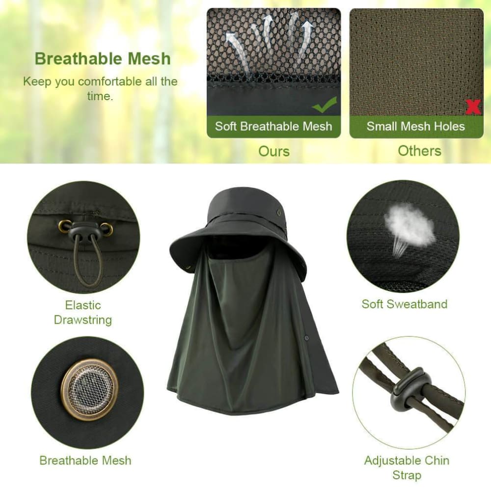 Vbiger Unisex Sun Hat Breathable Bucket Hat Quick-dry Outdoor Hats Foldable Fishing Cap with Detachable Flaps - Hats