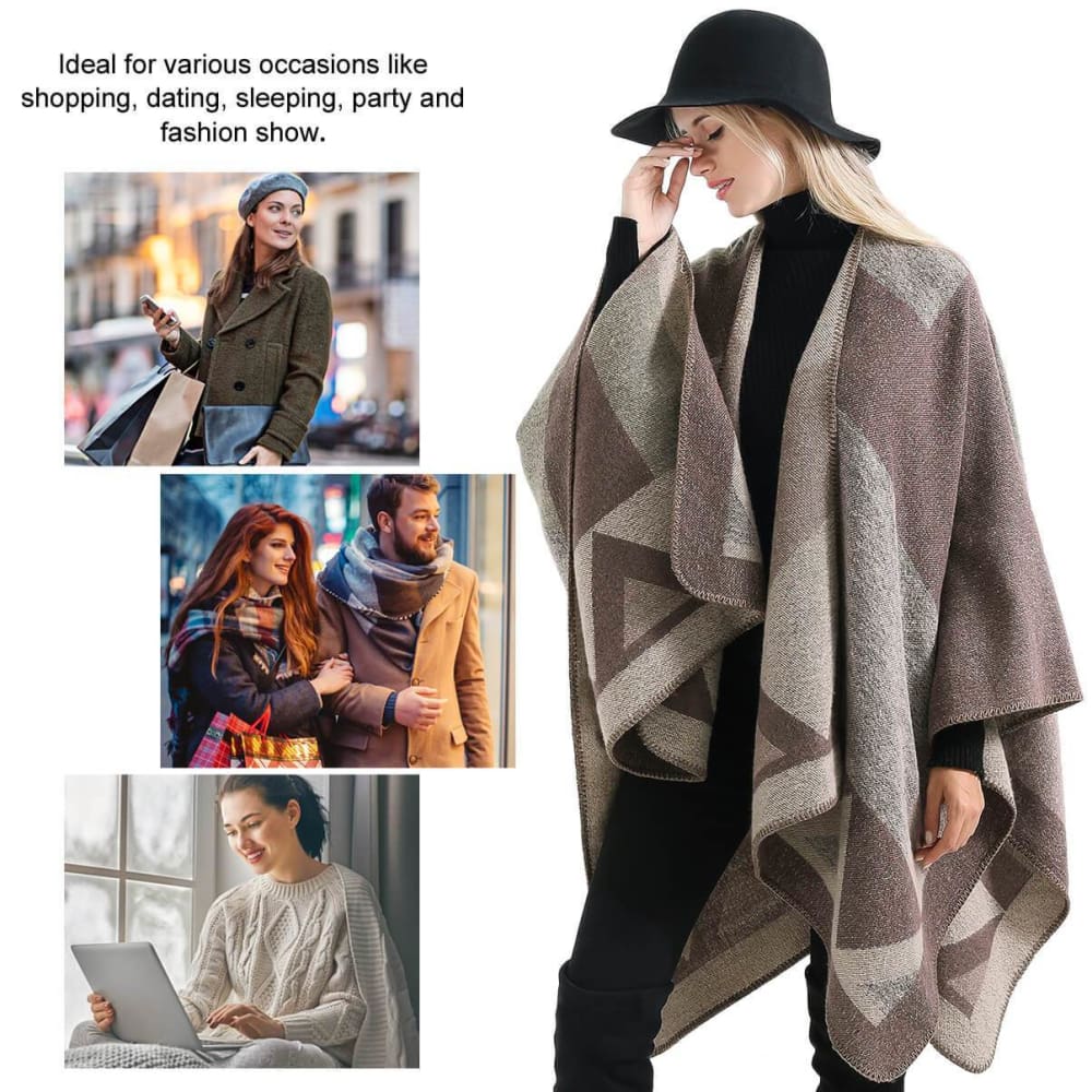 Vbiger Women Color Block Shawl Wrap Open Front Poncho Cape Oversized Winter Blanket Reversible Scarf Thick Cardigan Coat - Scarf