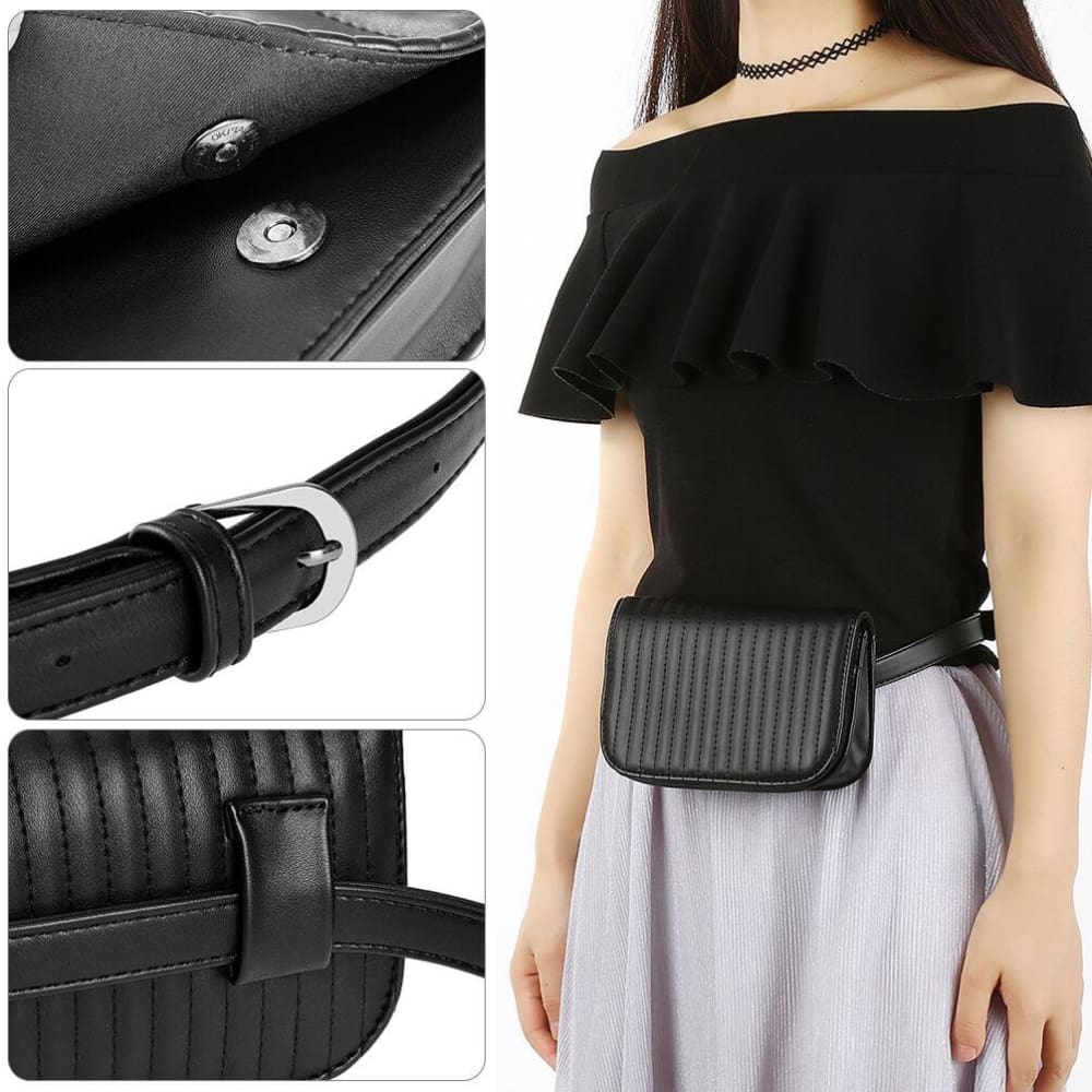 Vbiger Women Waist Pack PU Leather Waist Bag Casual Fanny Pack with Adjustable Strap and Stripe Pattern Black - Bag