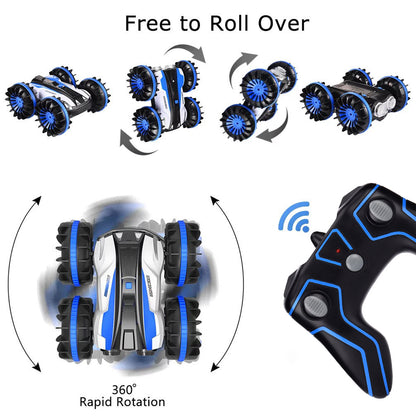Mini RC Stunt Car Remote Control Car 4WD Amphibious 2.4GHz Double Sided 360° Rotating for Kids, Blue