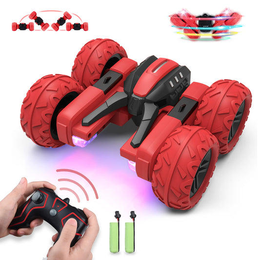 Remote Control Car for Kids, 2.4GHz High Speed RC Stunt Cars Toys, RC Offroad Double Side Driving Car Toys with 4WD LED Headlight and Rechargeable Battery Gift for Boys Kids- Red