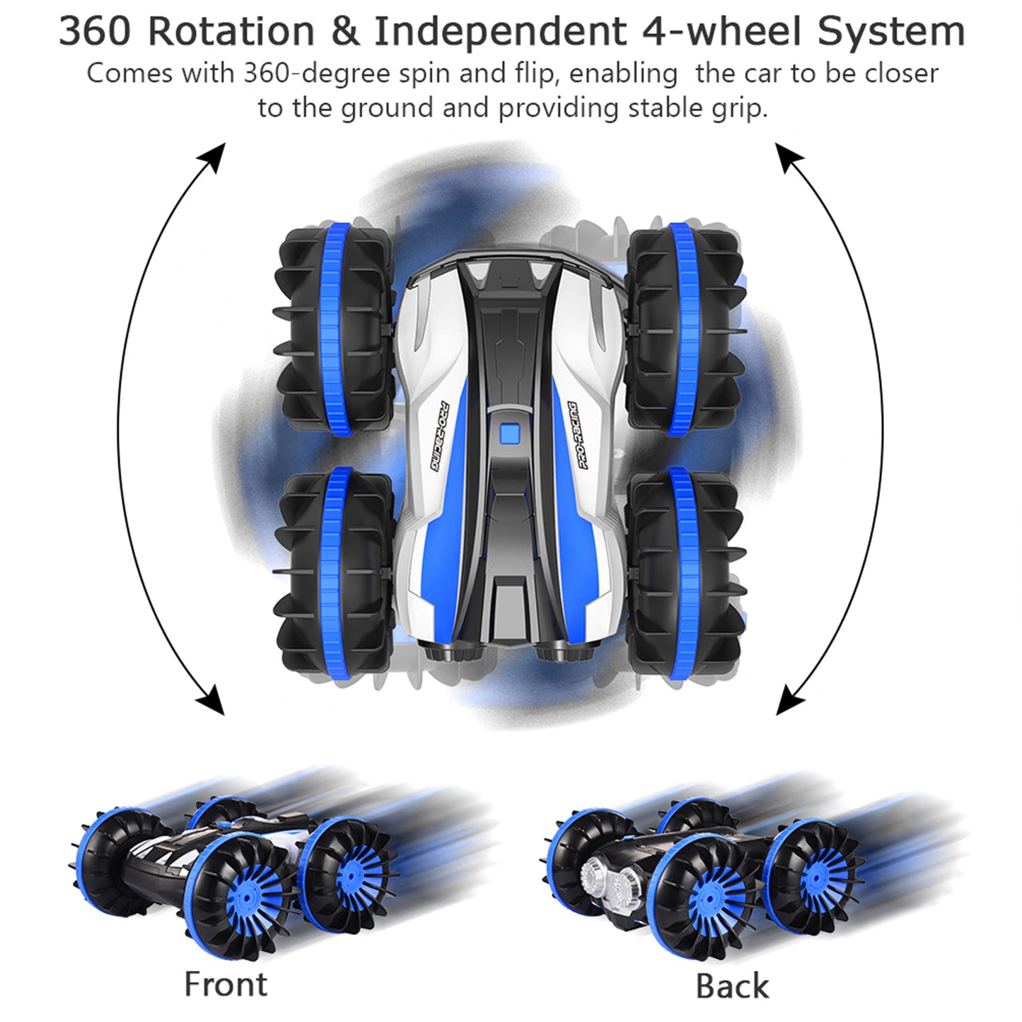 Mini RC Stunt Car Remote Control Car 4WD Amphibious 2.4GHz Double Sided 360° Rotating for Kids, Blue