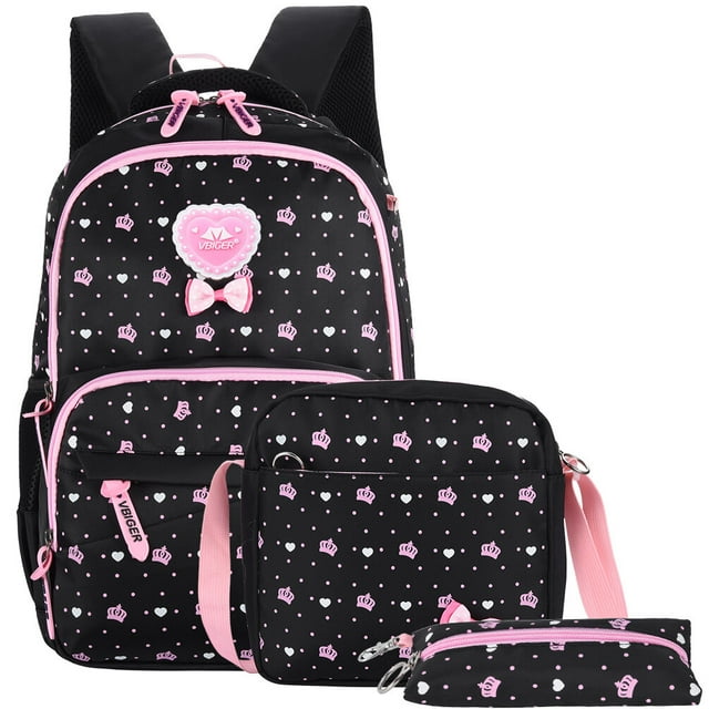 Vbiger School Backpack for Girls: 3 in 1 Schoolbag with 2 Mini Bags, Cross-Body Bag and Pencil Case for Students Between 7-16 Years Old, Black