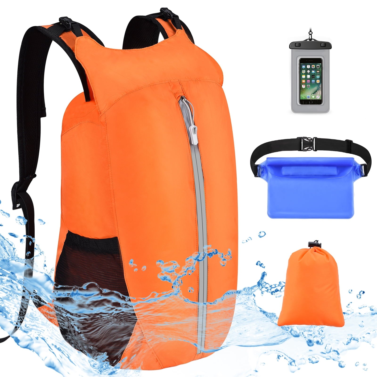 Vbiger Waterproof Dry Bags Set of 3, 20L Floating Dry Backpack Compression Sacks Cellphone Bag Waist Bag Set for Swimming, Kayak, Rafting & Boating, Orange