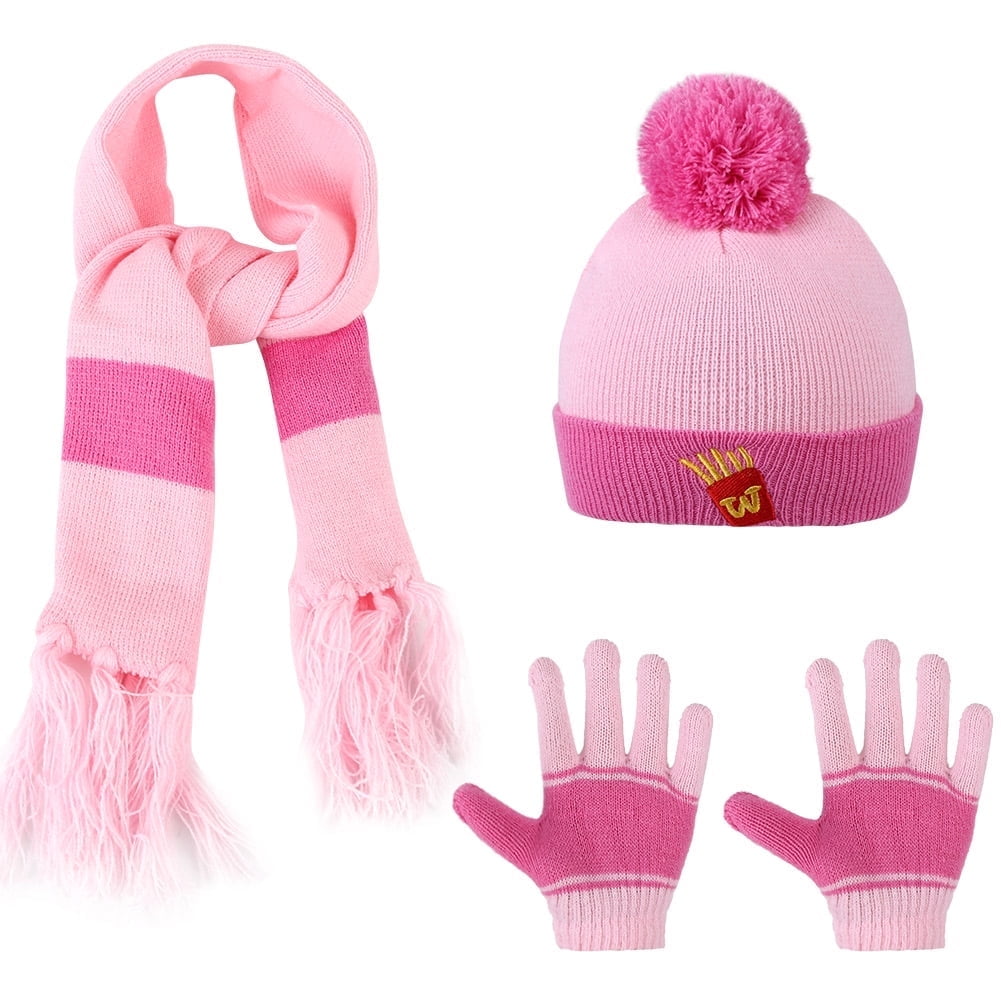 Vbiger Kids Warm Hat Scarf Gloves Set, Beanie Cap Scarf Full Fingers Gloves with Fleece Lining, for Age 3-9 Boys Girls, Pink