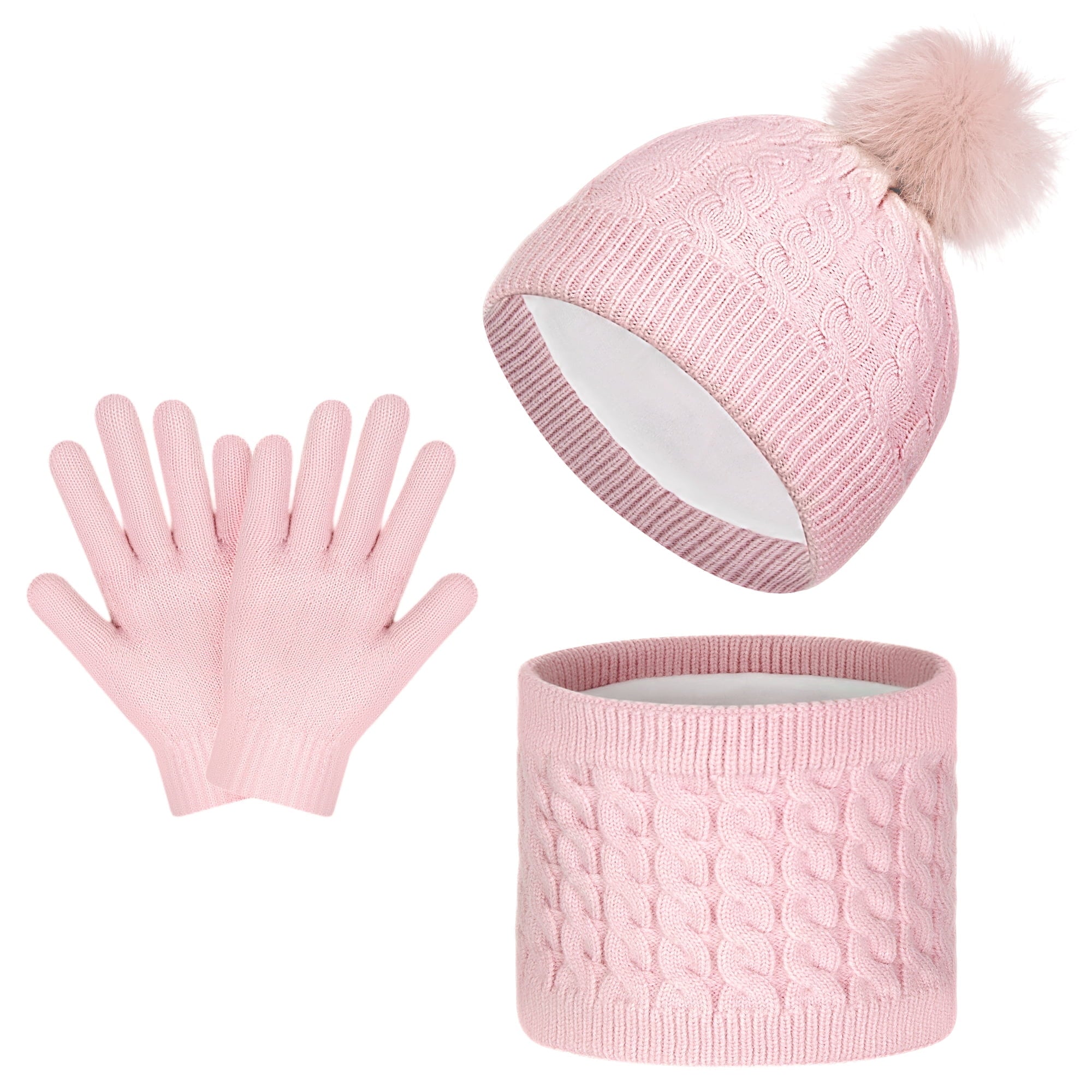 Vbiger Kids Warm Knit Hat, Scarf & Glove Set, Pink 3-Piece Winter Set, Beanie Cap Circle Scarf and Gloves with Knitted Textile for Children Boys Girls