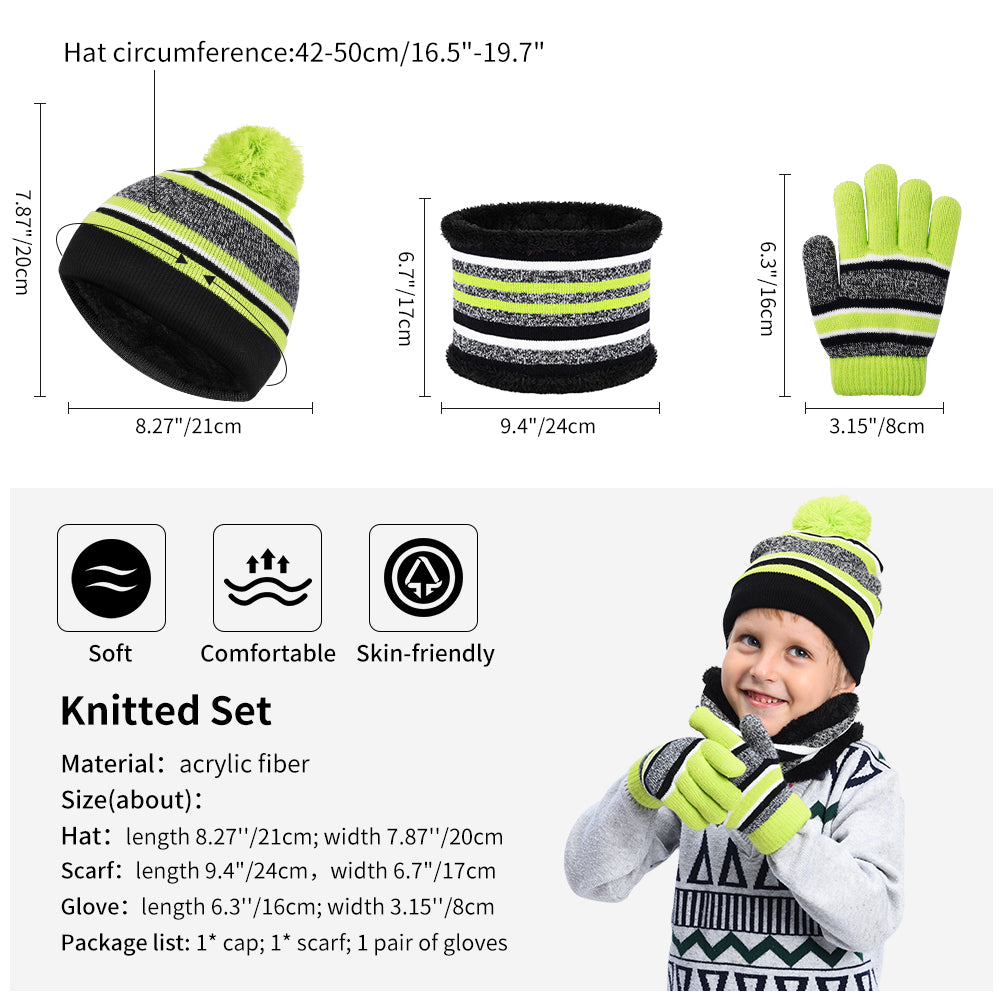 3 Pcs Boys Girls Beanie Hat and Glove Scarf Set, Kids Winter Hat Winter Scarf Winter Gloves Set Winter Warm Knitted Set with Fleece Lining for Autumn, Winter, Green