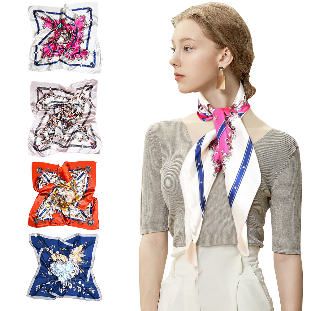 Women's Large Satin Square Silk Feeling Hair Scarf 35.4 x 35.4 inches, 4Pcs