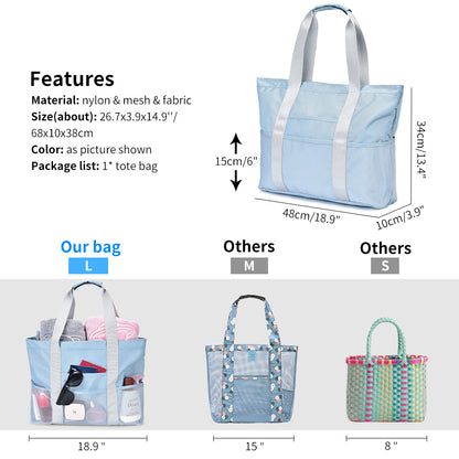 Mesh Beach Bag for Women | Large Lightweight Waterproof Sandproof Beach Tote Bags with 8 Side Pockets for Gym Beach Travel Shopping Picnic - Blue