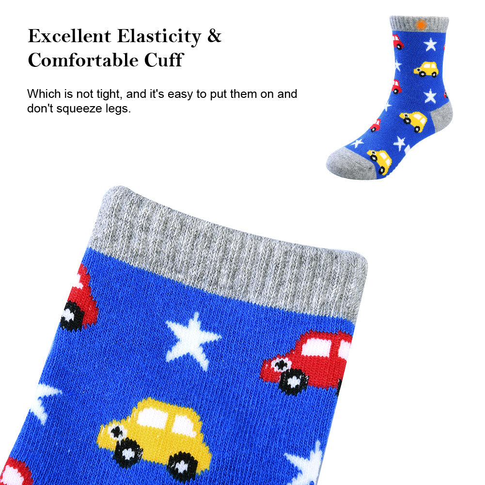 Vbiger Toddler Boys Cotton Socks Little Boys Cute Cartoon Pattern Socks Dual Defense Cushion Comfort Socks for 3-5 Years Old Boys - 5 Pairs