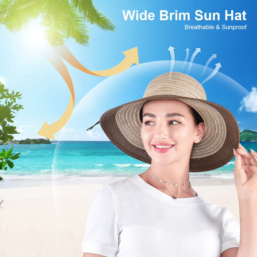 Vbiger Womens Beach Sun Hats Straw Hat Wide Brim UPF 50 Summer Travel Hat Foldable Packable Roll-up Floppy Beach Hats for Women - Brown