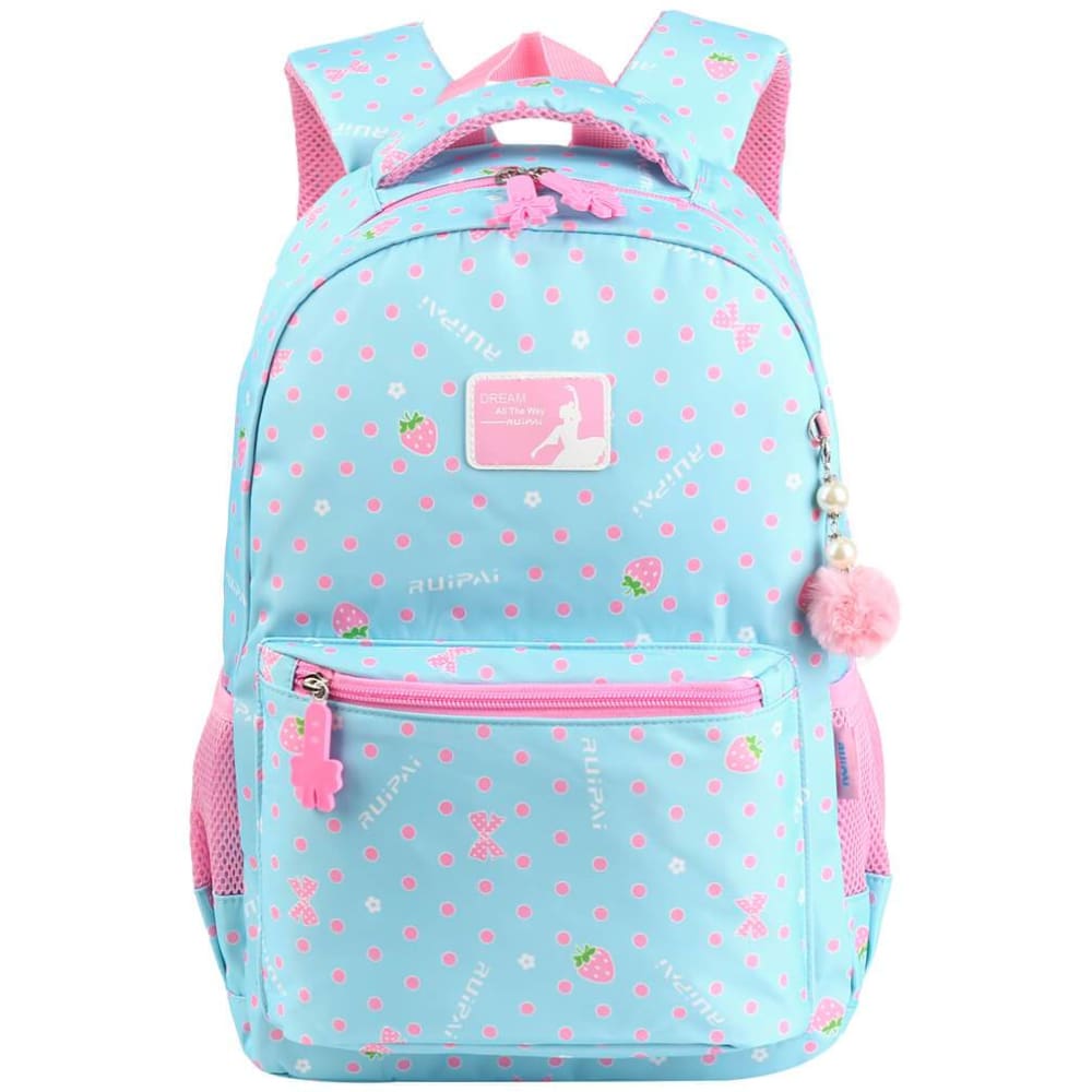 Vbiger Trendy Printing School Bag Casual Outdoor Daypack for Primary School Students Exquisite Printing and Pompon Decor - Light Blue -