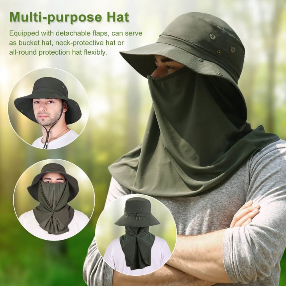 Vbiger Unisex Sun Hat Breathable Bucket Hat Quick-dry Outdoor Hats Foldable Fishing Cap with Detachable Flaps - Hats